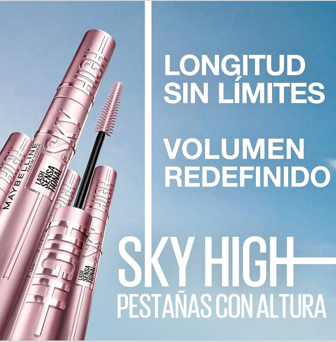 Maybelline New York, Máscara de Pestañas Lash Sensational Sky High con Cepillo Flexible y Extracto de Bambú, Volumen y Longitud Extrema para Pestañas Largas y Definidas, 7.2 ml, Tono 01, Negro